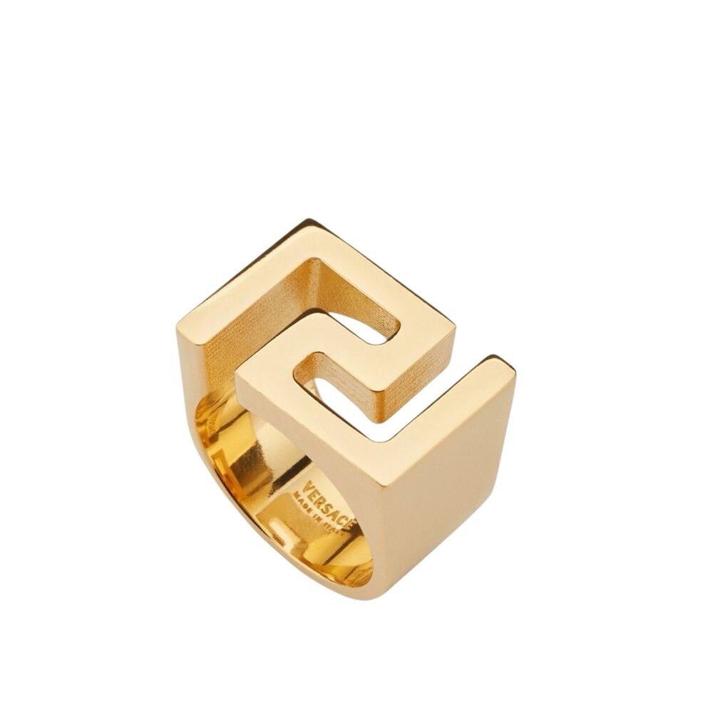 NIB Versace Statement Ring Size 15 US 7 Gold Tone Cutout Greca Icon Logo $450